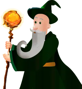 Ozwin wizard with green robe and a long grey beard holding a golden magic wand